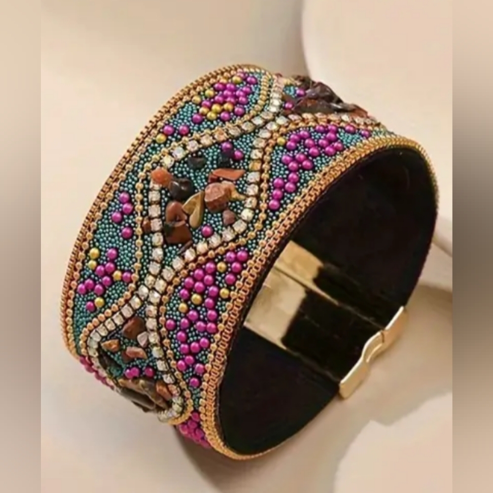 Handcrafted Y3K Western Barbiecore Wide Magnetic Multicolor Beaded Bracelet